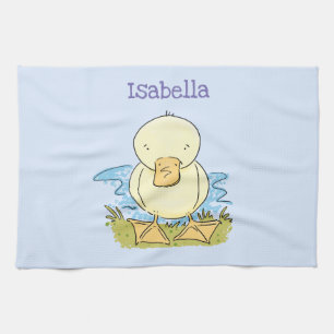 Cute yellow baby duckling cartoon illustration tea towel