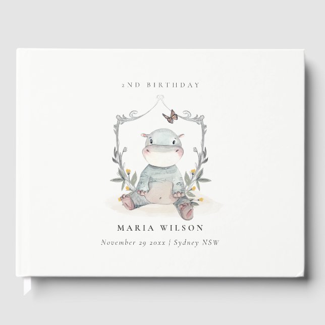 Cute Yellow Baby Hippo Foliage Any Age Birthday Guest Book (Front)