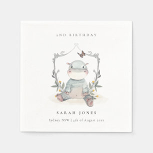 Cute Yellow Baby Hippo Foliage Any Age Birthday Napkin