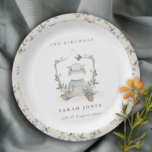Cute Yellow Baby Hippo Foliage Any Age Birthday Paper Plate