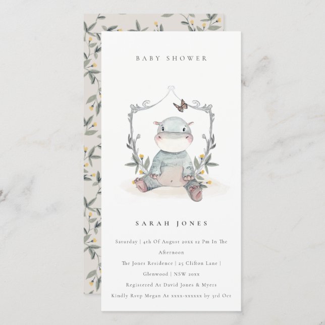 Cute Yellow Baby Hippo Foliage Baby Shower Invite (Front/Back)