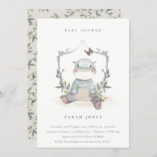 Cute Yellow Baby Hippo Foliage Baby Shower Invite