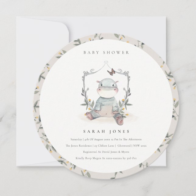 Cute Yellow Baby Hippo Foliage Baby Shower Invite (Front)