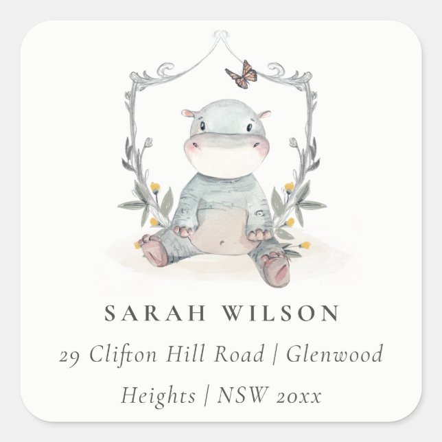 Cute Yellow Baby Hippo Foliage Balloon Address Square Sticker (Front)