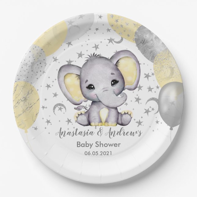 Cute Yellow Baby Shower Elephant Balloons Paper Pl Plate (Front)