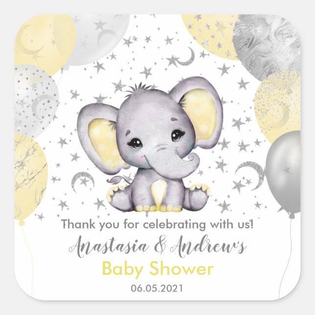 Cute Yellow Baby Shower Elephant Balloons Square S Square Sticker (Front)