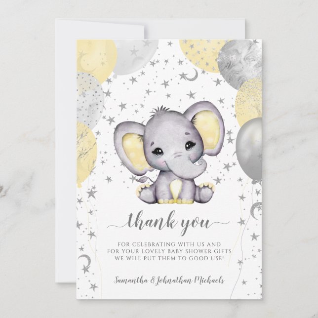 Cute Yellow Baby Shower Elephant Balloons Thank Yo Thank You Card (Front)