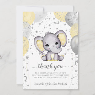 Cute Yellow Baby Shower Elephant Balloons Thank Yo Thank You Card