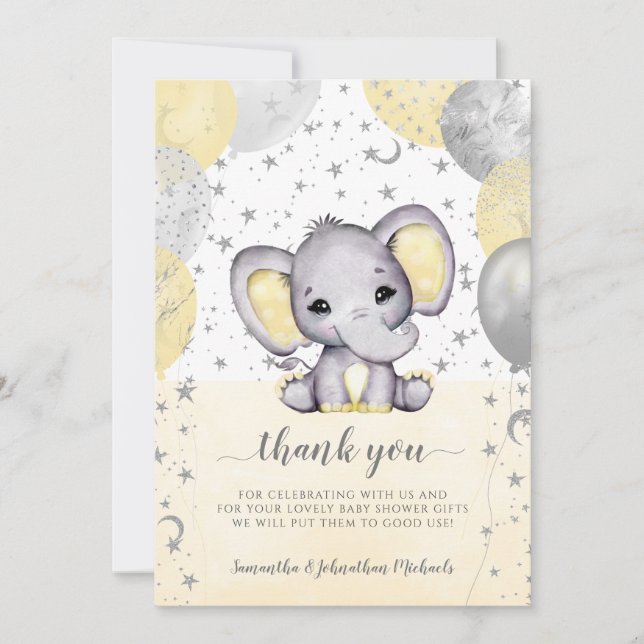Cute Yellow Baby Shower Elephant Balloons Thank You Card (Front)