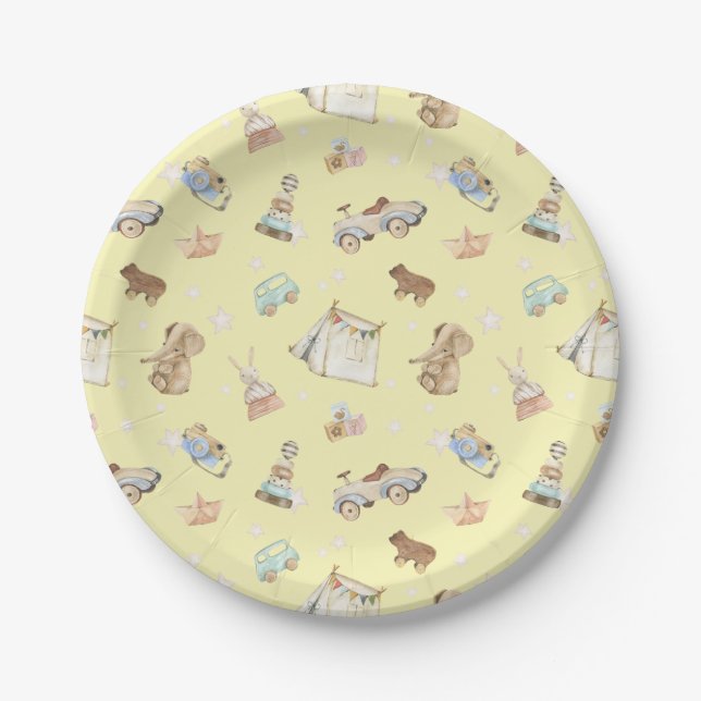 Cute Yellow Baby Shower Vintage Toys Paper Plate (Front)