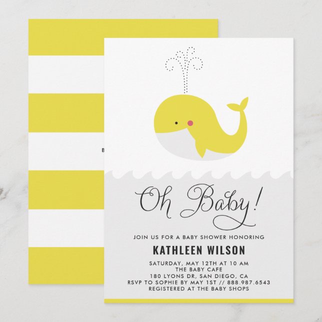 Cute Yellow Baby Whale Oh Baby Baby Shower Invitation (Front/Back)