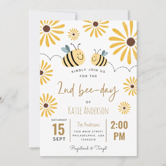 Cute Yellow Bee and Sunflower 2nd Bee-day Invitation (Front)