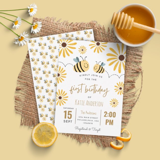 Cute Yellow Bee and Sunflower First Birthday Invitation (Creator Uploaded)