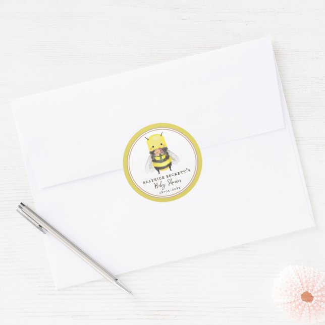 Cute Yellow Bee and Wildflower Baby Shower Sticker (Envelope)