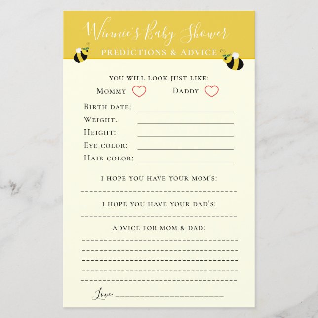 Cute Yellow Bee Baby Shower Advice and Predictions (Front)