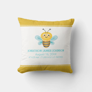 Cute Yellow Bee Birth Stats Cushion