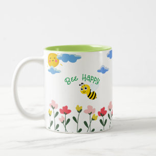 Cute Yellow Bee sitting on flowers  Two-Tone Coffee Mug