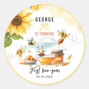 Cute Yellow Bee & Sunflower 1st Bee-Day Birthday Classic Round Sticker