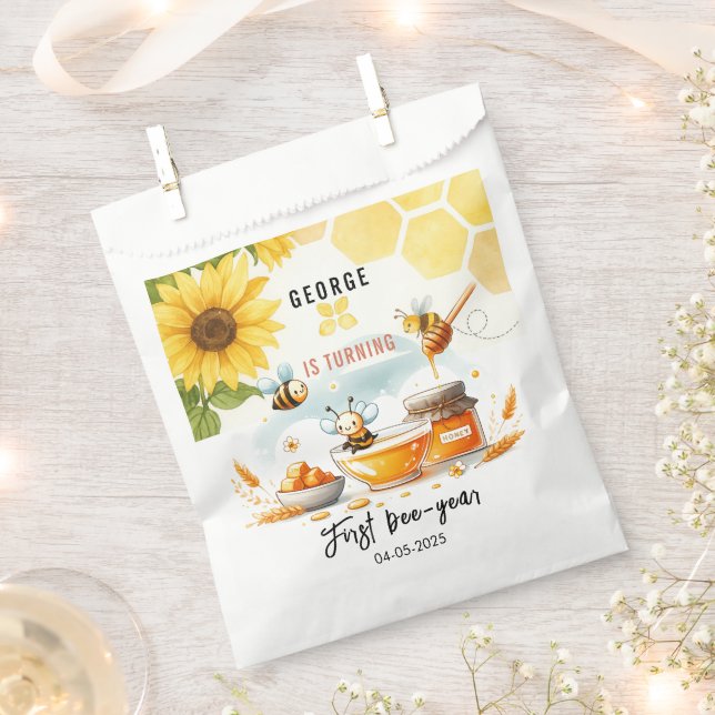 Cute Yellow Bee & Sunflower 1st Bee-Day Birthday Favour Bag (Clipped)
