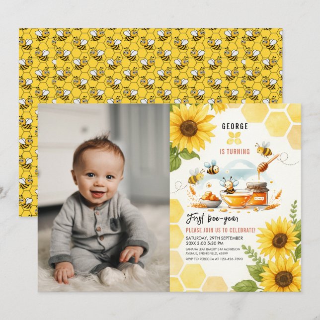 Cute Yellow Bee & Sunflower 1st Bee-Day Birthday Invitation (Front/Back)