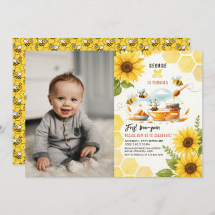 Cute Yellow Bee & Sunflower 1st Bee-Day Birthday Invitation