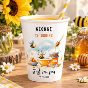 Cute Yellow Bee & Sunflower 1st Bee-Day Birthday Paper Cups