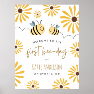 Cute Yellow Bee Sunflower First Bee-day Welcome Poster