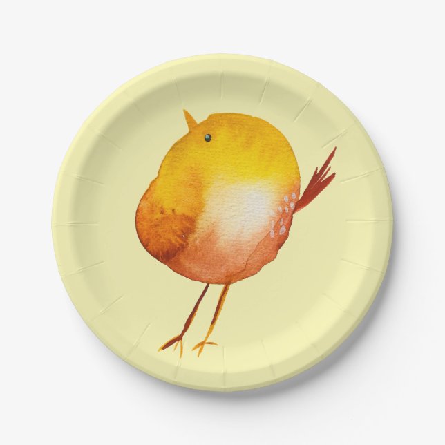 Cute yellow bird watercolor art paper plate (Front)