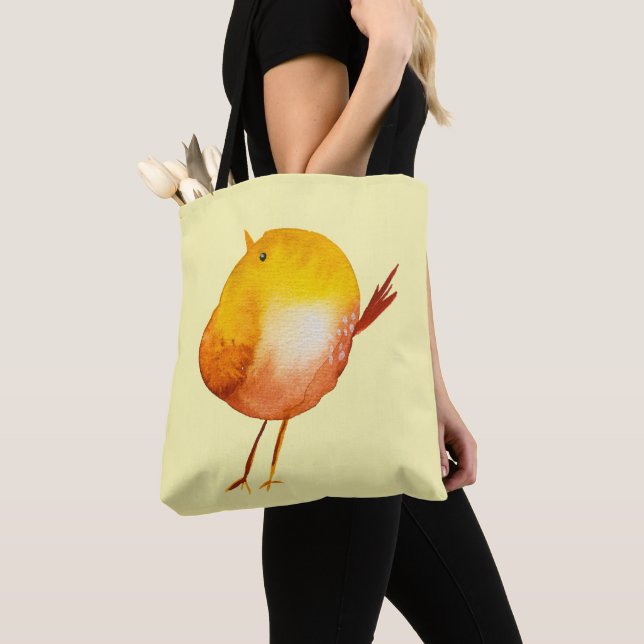 Cute yellow bird watercolor art tote bag (Close Up)