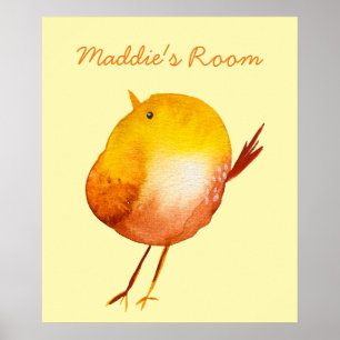 Cute yellow bird watercolor poster