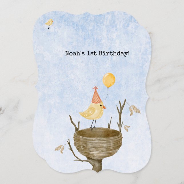 Cute Yellow Bird With Balloon Birthday Invitation (Front/Back)