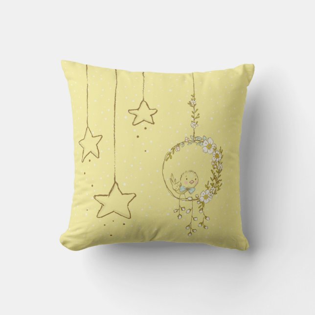 Cute Yellow Birdie Nursery Stars Boy or Girl Cushion (Front)