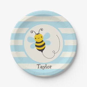 Cute Yellow & Black Bee on Baby Blue Stripes Paper Plate