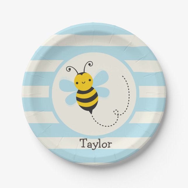 Cute Yellow & Black Bee on Baby Blue Stripes Paper Plate (Front)