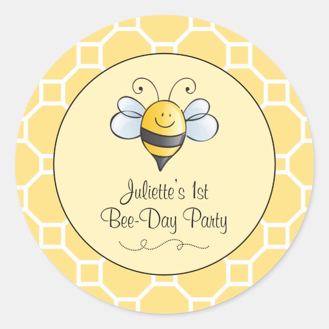 Cute Yellow Black Bumblebee First Birthday Party Classic Round Sticker (Front)