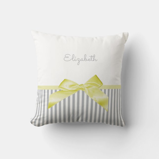 Cute Yellow Bow With Girly Grey Stripes and Name Cushion (Front)