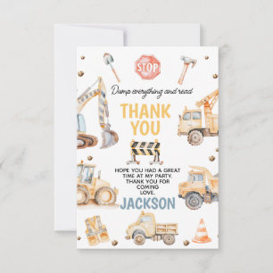 Cute Yellow Boys Construction Birthday Thank You Card