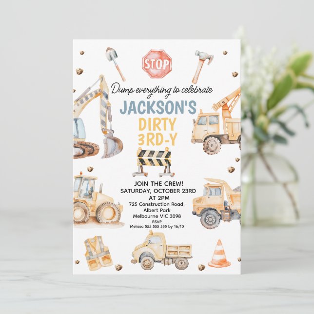 Cute Yellow Boys Construction Dirty 3rdy Birthday Invitation (Standing Front)