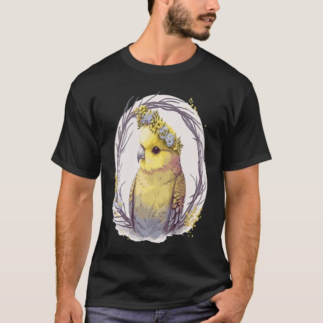 Cute Yellow Budgie Parakeet Bird Flower Crown Pet  T-Shirt (Front)