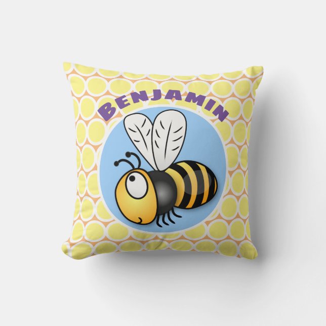 Cute yellow bumble bee cartoon illustration cushion (Front)