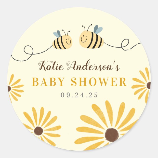Cute Yellow Bumblebee and Sunflowers Baby Shower Classic Round Sticker (Front)