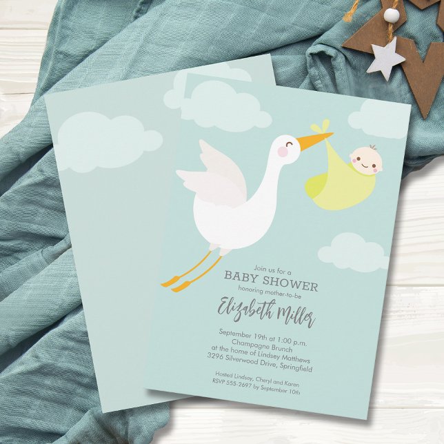Cute Yellow Bundle Stork Baby Shower Invitation (Cute Yellow Bundle Stork Unisex Baby Shower Invitations, PRINTED and/or INSTANT DOWNLOAD)