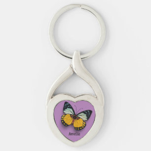Cute Yellow Butterfly on Purple Background  Key Ring