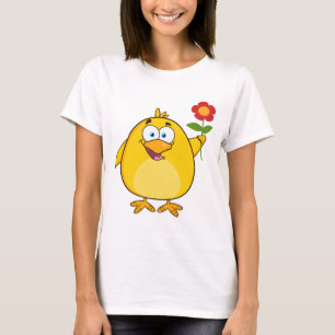 Cute Yellow Cartoon Chick with Flower T-Shirt
