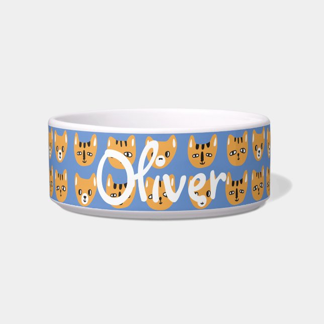 Cute Yellow Cat Head Pattern Customisable Name Bow Bowl (Front)