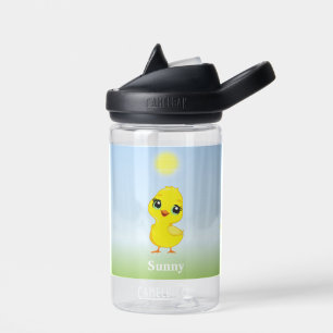 Cute Yellow Chick and Flowers on Light Blue Water  Bottle