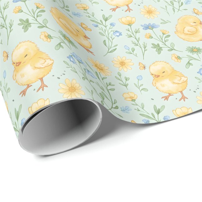 Cute Yellow Chicks and Flowers Pattern Wrapping Paper (Roll Corner)