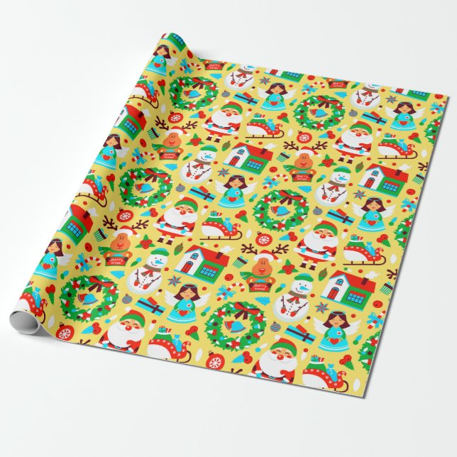 Cute Yellow Christmas Pattern Wrapping Paper (Unrolled)