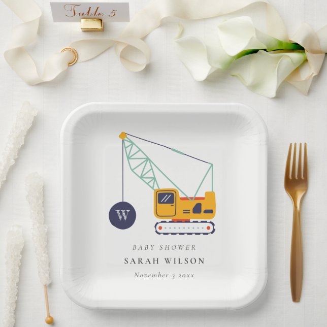 Cute Yellow Construction Crane Vehicle Baby Shower Paper Plate (Wedding)
