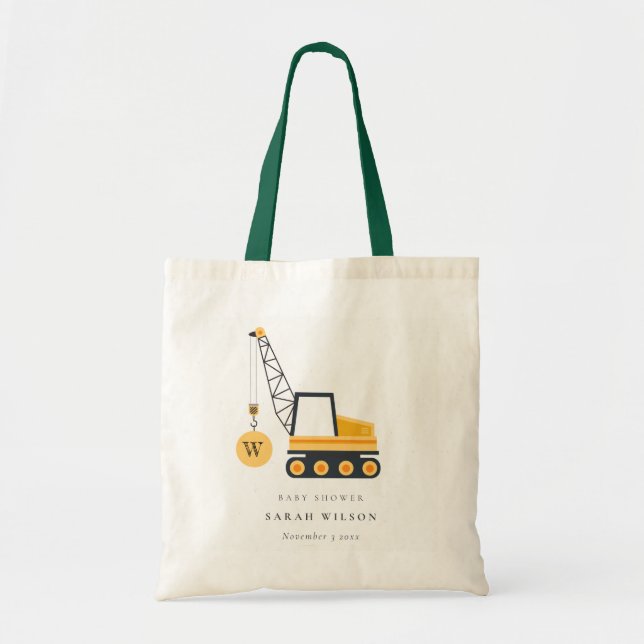 Cute Yellow Construction Crane Vehicle Baby Shower Tote Bag (Front)